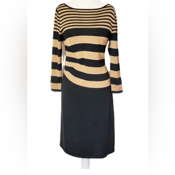 Ann Taylor Outlet Black Tan Striped Long Sleeve Asymmetrical Midi Sweater Dress - Picture 1 of 2